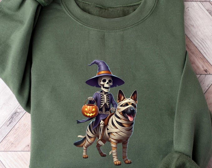 Skeleton Witch Riding Mummy Dog Sweatshirt, Funny Halloween Dog Lover Shirt, Spooky Pet Owner Gift, Cute Skeleton Hoodie, Halloween Shirt