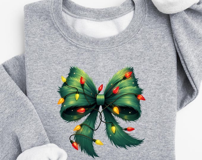 Christmas Bow Lights Sweatshirt, Holiday Tree Ribbon Pullover, Cozy Xmas Crewneck, Cute Winter Sweater, Festive Christmas Lights Shirt Gifts