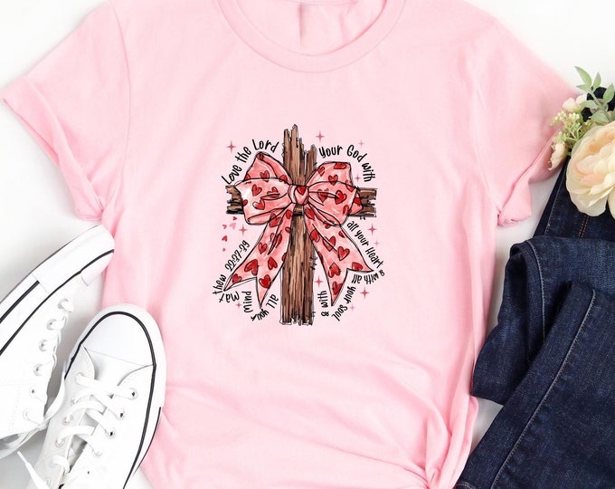 Christian Pink Sweatshirt with Cross and Heart Bow Shirt - Love the Lord Your God Bible Verse - Faith-Based Tee for Women - Valentines Gift