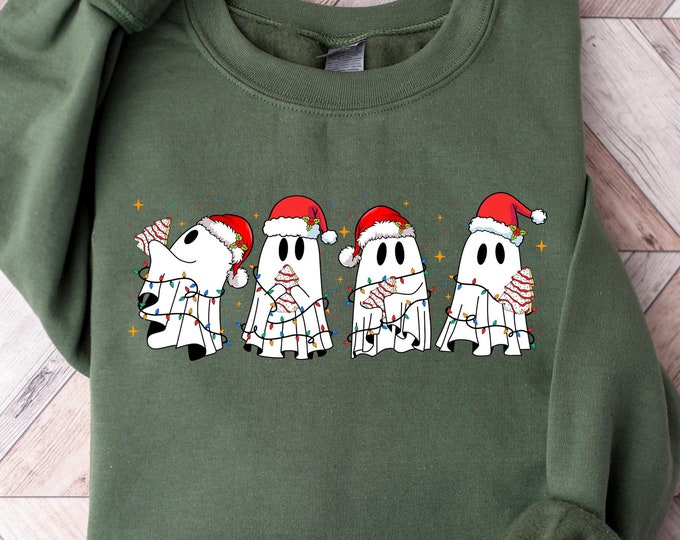 Cute Ghost Christmas Sweatshirt, Holiday Ghosts with Santa Hats and Christmas Lights, Festive and Funny Christmas Crewneck, Christmas Hoodie