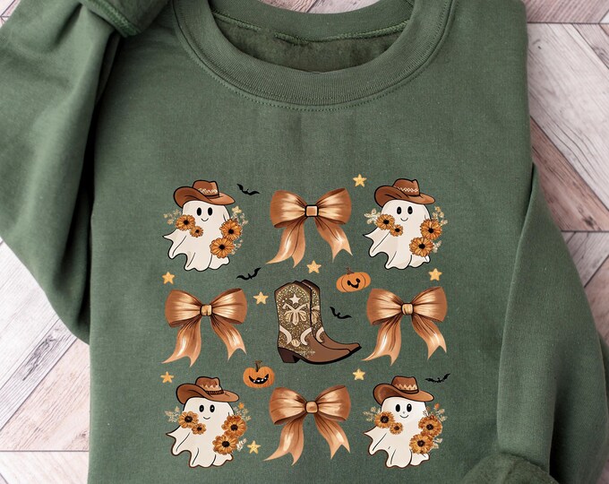 Cowboy Ghost Halloween Sweatshirt, Western Fall Ghost Shirt, Cute Spooky Cowgirl Sweater, Pumpkin Bow Boot Graphic Pullover, Halloween Tee