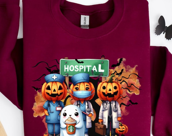 Cozy Halloween Medical Staff Sweatshirt, Cute Pumpkin Doctor and Nurse Hoodie, Hospital-Themed Fall Graphic Shirt for Healthcare Workers