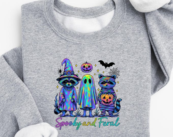 Colorful Spooky and Feral Cats Halloween Sweatshirt, Neon Witch Ghost Mummy Cat Design with Pumpkins T-shirt, Halloween Sweatshirt