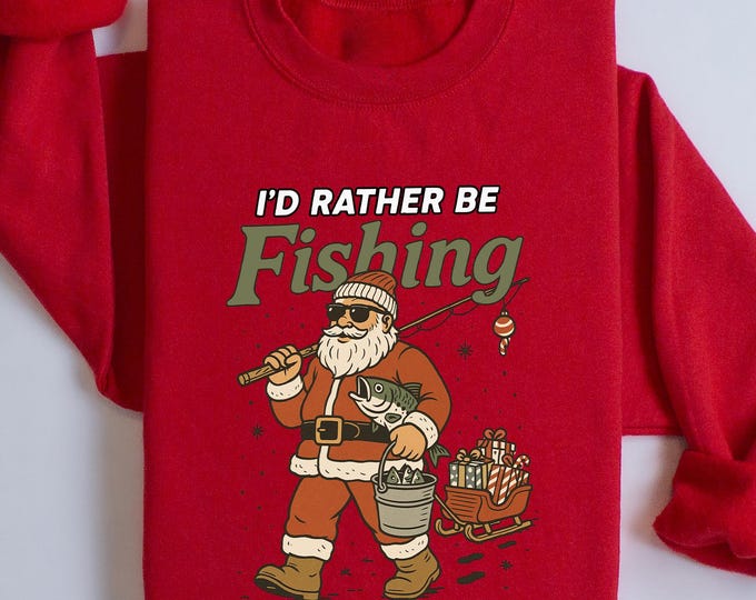 Retro Fishing Santa Funny Christmas Shirt, Vintage I'd Rather Be Fishing Santa T-Shirt, Funny Fishing Dad Christmas Sweater, Christmas Shirt