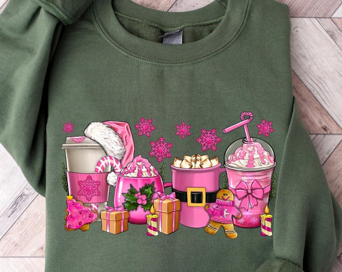 Festive Christmas Pink Sweatshirt, Christmas Pink Coffee Sweatshirt, Cozy Holiday Coffee Shirt, Coffee Christmas, Perfect Xmas Gift Hoodie