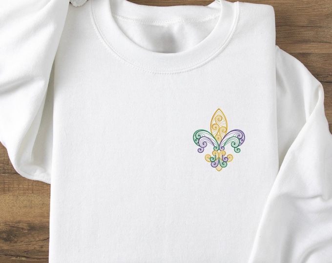 Rippled Fleur De Lis Embroidery Sweatshirt, Mardi Gras Symbol Embroidery Shirt, Fleur De Lys Sweatshirt, Lily Flower Heraldic Symbol Shirt