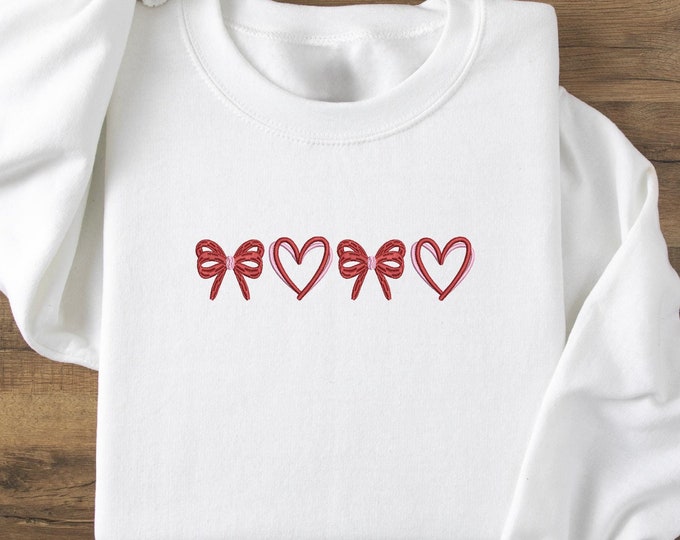 Embroidered Bow & Heart Sweatshirt, Minimalist Valentine's Day Shirt, Cute and Cozy Gift for Her, Romantic Embroidery T-shirt, Heart Hoodie