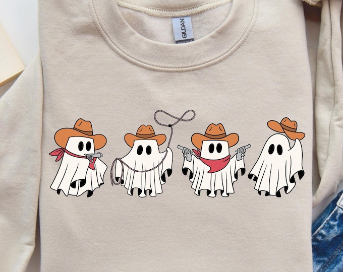 Halloween Ghost Cowboy Crew Sweatshirt, Spooky and Cute Western Style Ghosts, Perfect for Trick-or-Treat, Halloween Shirt, Ghost Cowboy Tee