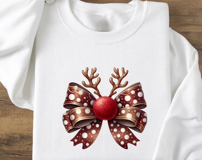 Christmas Coquette Bow Sweatshirt, Antler Reindeer Bow Shirt, Girly Holiday Aesthetic Top, Cute Pink Xmas Outfit, Soft Christmas Gift Idea