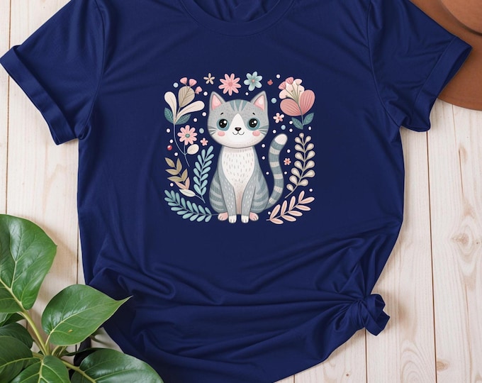 Floral Cat Shirt, Cute Kitten Graphic Sweatshirt, Aesthetic Cat Lover Shirt, Vintage Botanical Cat Shirt, Women’s Casual Animal Print Shirt