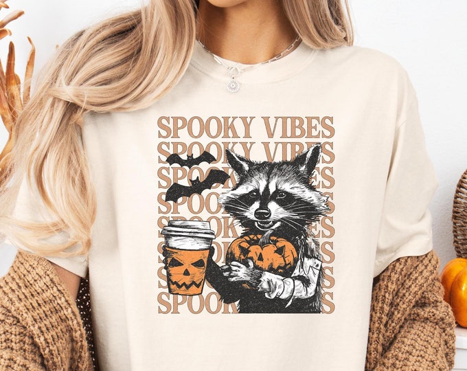 Spooky Vibes Sweatshirt, Cute Raccoon Halloween Coffee Lover Pullover, Cozy Fall Hoodie, Pumpkin Spice, Autumn Aesthetic, Halloween Sweater