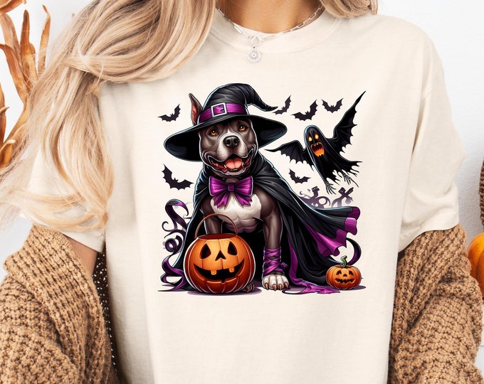 Cozy Halloween Dog Witch Shirt, Pitbull in Witch Costume Graphic Tee – Fall Vibes Hoodie, Halloween Sweatshirt for Dog Lovers, Halloween Tee