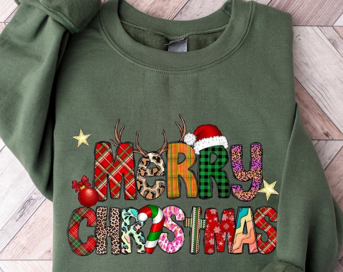 Festive Merry Christmas Sweatshirt, Merry Christmas Shirt, Holiday Patterned Christmas Shirt, Cozy Green Christmas Sweater, Christmas Hoodie