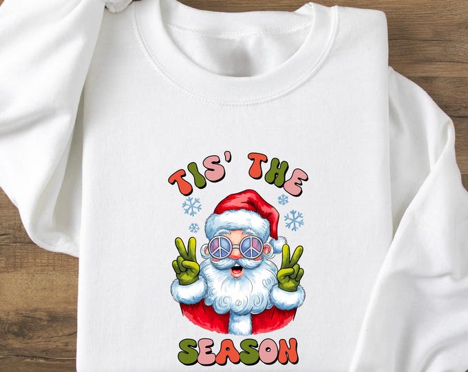 Tis the Season Groovy Santa Sweatshirt, Retro Christmas Peace Sign Shirt, Funky Hippie Holiday Tee, Funny Xmas Graphic Tee for Winter Gifts
