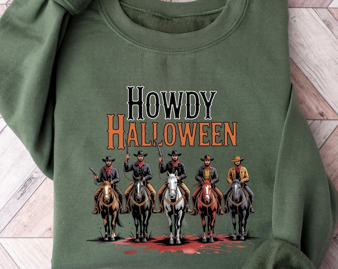 Howdy Halloween Cowboy Sweatshirt – Western Fall Shirt with Spooky Cowboy Riders, Funny Country Halloween Outfit, Halloween Sweatshirt