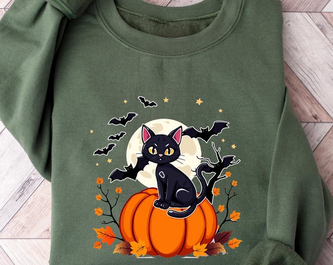Black Cat on Pumpkin Shirt, Pumpkin shirt Shirt, For fall, Black Cat Shirt, Halloween Black Cat Design, Halloween Gifts for Cat Owner