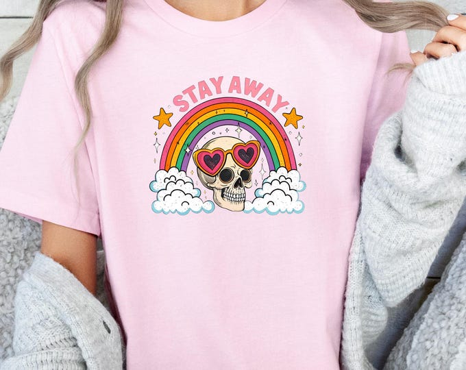 Stay Away Skull Shirt, Retro Rainbow Graphic Tee, Aesthetic Grunge T-Shirt, Cute Creepy Skull Top, Halloween Vibes Shirt, Y2K Oversized Tee