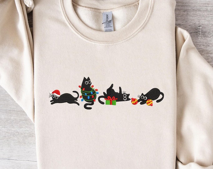 Christmas Cute Cat Embroidered Sweatshirt | Embroidered Funny Christmas Hoodie |Christmas Cute Cat Sweater | Cat Lover Crew Neck Sweatshirt