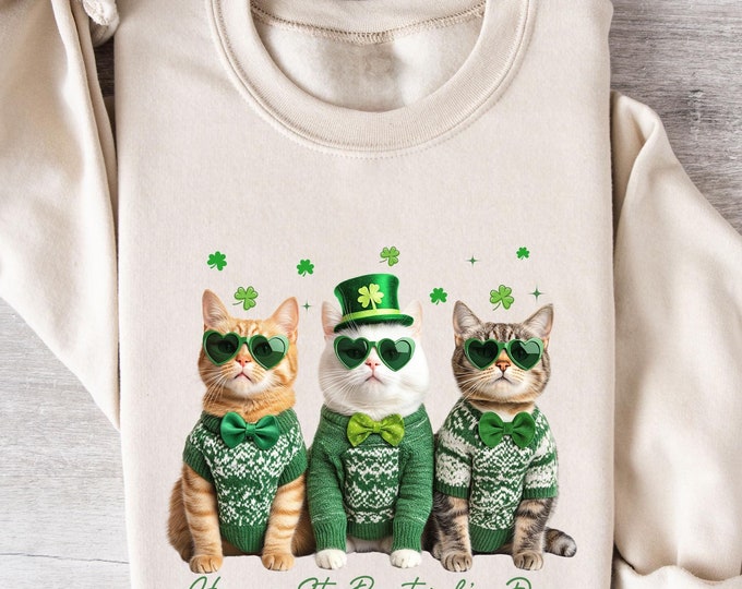 Happy St. Patrick’s Day Cats Sweatshirt, Lucky Cats Shirt, Festive Irish Cat Clipart Shirt, St. Paddy’s Crewneck, Cats with Shamrock Shirt