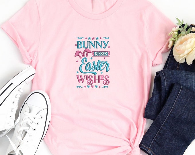 Easter Embroidery Sweatshirt, Easter Bunny Embroidery Shirt, Spring Holiday Embroidery  Shirt, Bunny Kisses Easter Wishes Shirt, Easter Tee