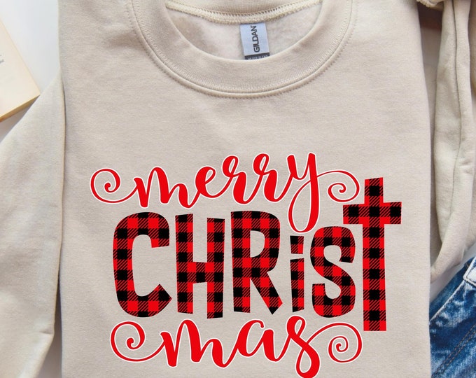 Merry Christmas Buffalo Plaid Sweatshirt, Religious Holiday Sweater, Christian Christmas Shirt with Cross, Merry Christmas Gift Hoodie