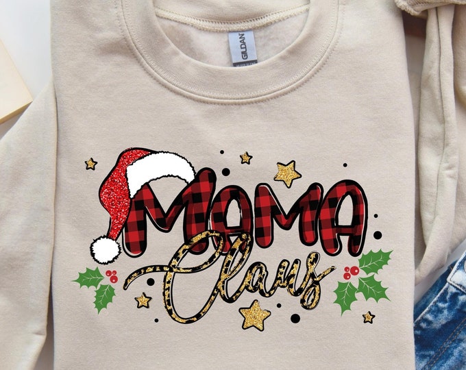 Mama Claus Christmas Sweatshirt, Christmas Mama Shirt, Buffalo Plaid Santa Hat Shirt, Holiday Family Shirt, Festive Christmas Shirt for Moms
