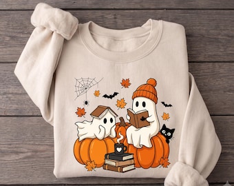 Reading Ghosts Sweatshirt, Halloween Book Lover Shirt, Cozy Pumpkin Fall Sweatshirt, Spooky Season Gift for Readers