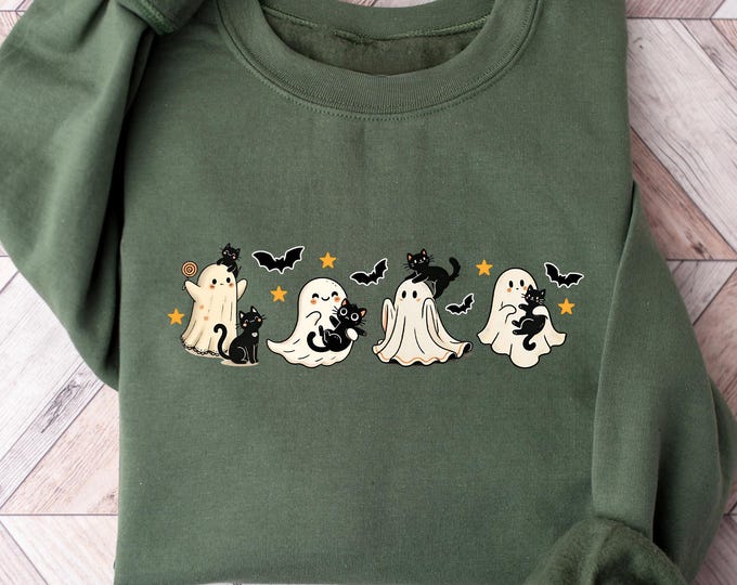 Cute Halloween Ghosts And Black Cats Sweatshirt, Spooky Fall T shirt, Ghost Cat Lover Shirt, Cozy Halloween Crewneck, Autumn Aesthetic Top