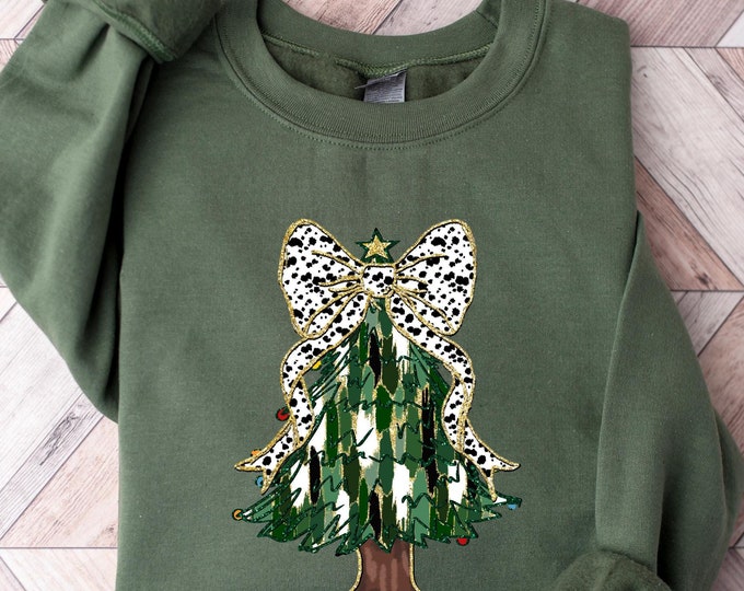 Christmas Tree Shirt or Hoodie with Leopard Print Bow, Cute and Cozy Holiday Apparel, Festive Winter Shirt, Christmas Sweatshirt Gift Women