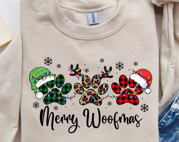 Merry Woofmas Dog Lover Christmas Sweatshirt, Festive Plaid Paw Prints with Santa Hat and Lights Holiday Pullover, Dog Mom Christmas T-shirt