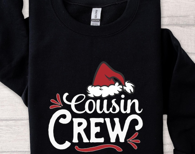 Festive 'Cousin Crew' Christmas Sweatshirt, Cousin Crew Christmas Shirt, Cozy Xmas Top with Red Santa Hat Design, Perfect Family Gift Shirt