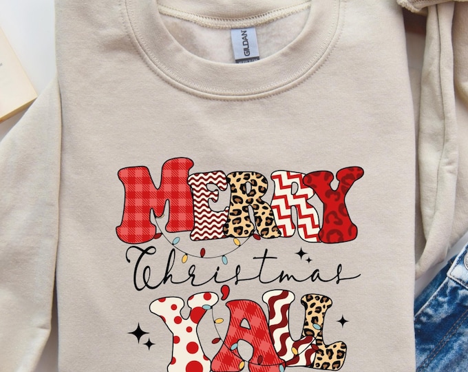 Merry Christmas Y'all Sweatshirt, Merry Christmas Y'all T-shirt, Southern Style Christmas Pullover with Festive Patterns, Cozy Winter Shirt