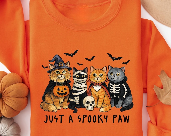 Just A Spooky Paw Halloween Cat Sweatshirt, Cute Kitty Halloween Crewneck, Funny Cat Mom Fall Shirt, Skeleton Witch Vampire Mummy Cat Shirts