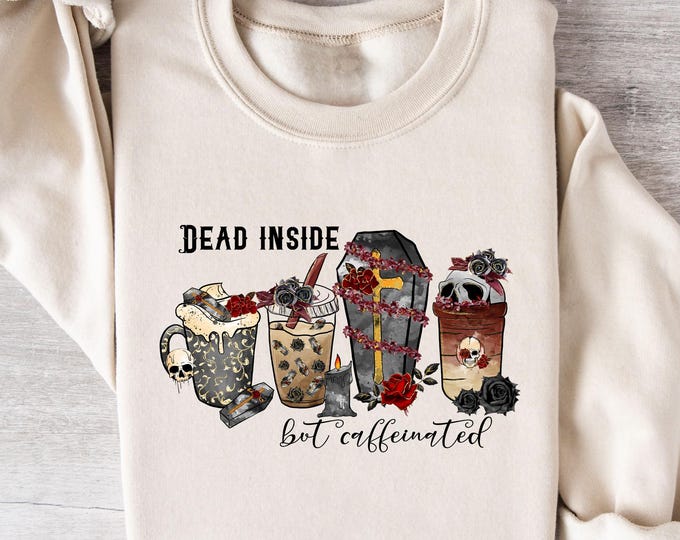Dead Inside but Coffeelatinated Halloween Shirt, Funny Spooky Coffee Tee, Skeleton Coffee Lover Shirt, Creepy Cute Halloween T-Shirt