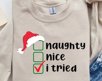 Funny Christmas Sweatshirt, Naughty Nice I Tried Santa Hat Holiday Humor Sweater, Unisex Christmas Gift, Santa Sweatshirt, Christmas T-shirt