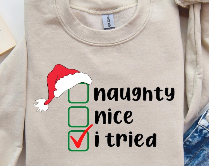 Funny Christmas Sweatshirt, Naughty Nice I Tried Santa Hat Holiday Humor Sweater, Unisex Christmas Gift, Santa Sweatshirt, Christmas T-shirt