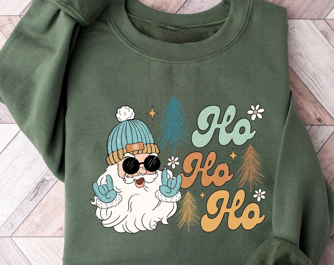 Groovy Santa Ho Ho Ho Christmas Sweatshirt, Retro Funky Claus Holiday Shirt, Funny Xmas Hippie Santa Crewneck, Vintage Holiday Graphic Tee