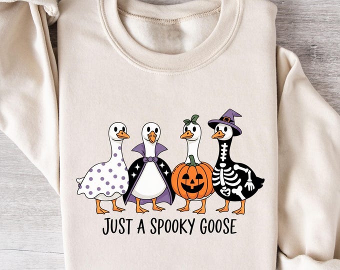 Just A Spooky Goose Halloween Sweatshirt, Funny Goose Costume Shirt, Fall Goose Crewneck, Skeleton Pumpkin Witch Shirt, Spooky Season Tee