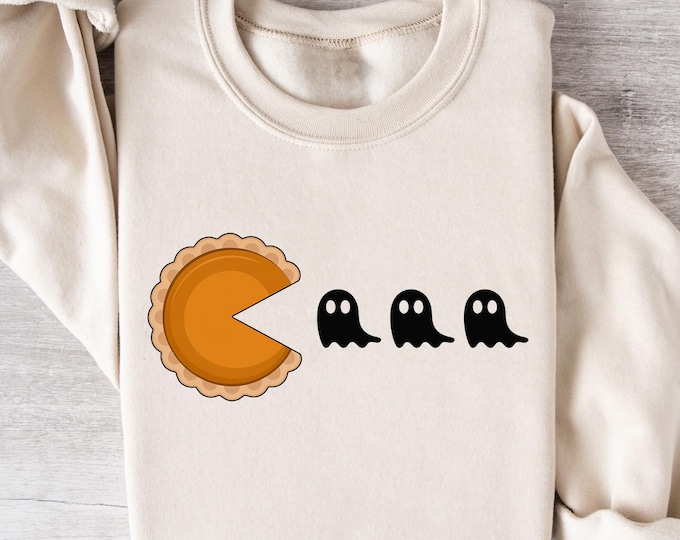 Pumpkin Pie Pacman Sweatshirt - Funny Thanksgiving Halloween Shirt - Retro Gamer Fall Outfit - Cute Pie Ghost Crewneck - Unisex Cozy Hoodie