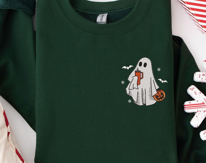Pocket Size Embroidered Halloween Ghost Sweatshirt, Embroidered Ghost with Coffee, Spooky Pocket T-shirt, Cozy Fall Sweatshirt for Halloween