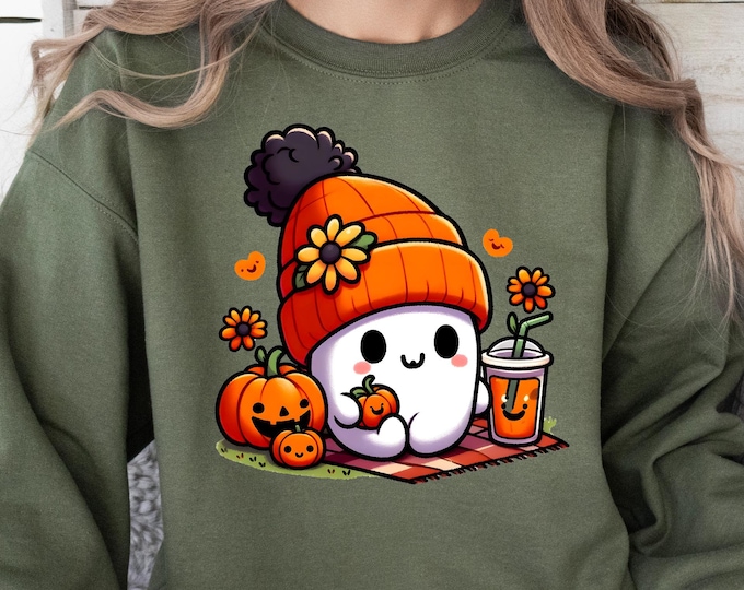 Cute Ghost Halloween Sweatshirt - Cozy Fall Ghost Shirt - Spooky Pumpkin Autumn Graphic - Kawaii Halloween Pullover - Cute Ghost Lover Gift