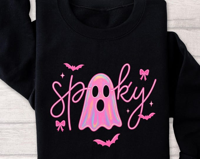 Cute Pink Spooky Ghost Halloween Sweatshirt For Women | Kawaii Pastel Goth Ghost Shirt | Fun Cozy Halloween Party Top | Girly Spooky Shirt