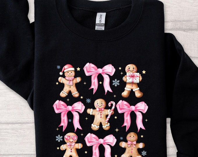 Coquette Pink Christmas Sweatshirt Gift for Her, Women's Vintage Aesthetic Winter Holiday Crewneck Sweater,Girly Aesthetic Gingerbread Shirt