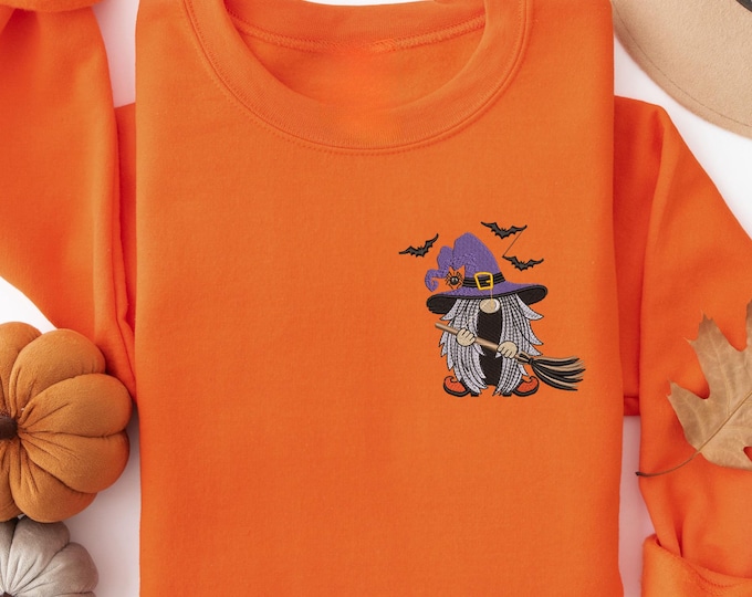 Custom Embroidered Witch Lady Halloween Sweatshirt, Halloween & Fall-Themed Clothing, Multiple Colors, Unique Handmade Fashion for Women Men