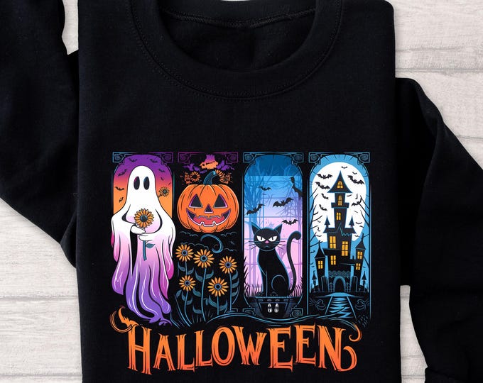 Aesthetic Halloween Sweatshirt, Cute Ghost Cat Pumpkin Haunted House Shirt, Spooky Fall Crewneck, Retro Witchcore October Pullover