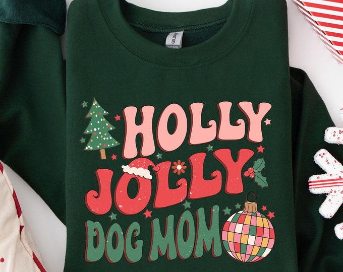 Holly Jolly Dog Mom Christmas Sweatshirt, Cute Holiday Pet Lover Gift T-shirt, Dog Mom Xmas Sweater with Tree, Cozy Winter Apparel for Women
