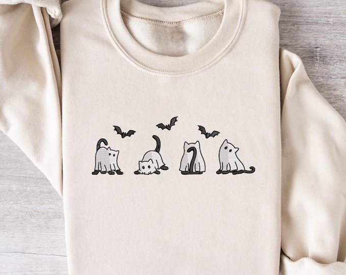 Embroidered Cat Halloween Sweatshirt | Spooky Cute Kitty Crewneck | Cozy Fall Embroidery Sweater | Witchy Cat Shirt | Halloween Shirt