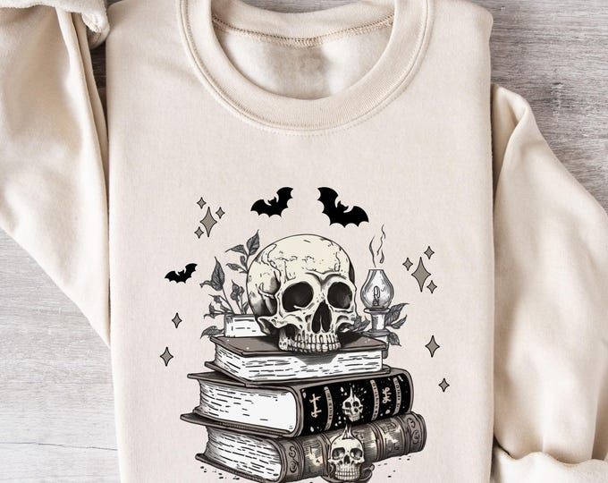 Gothic Skull Book Halloween Sweatshirt, Witchy Skull and Spell Books Sweater, Spooky Academia Tshırt, Dark Aesthetic Fall Cozy Top