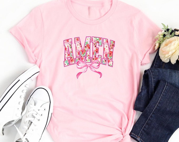 Amen Sweatshirt, Floral Print Christian Shirt, Faith-Based Graphic Pullover with Pink Bow Shirt, Religious Gift for Women, Easter Amen Shirt