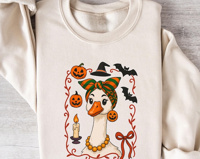 Cute Halloween Goose Sweatshirt, Funny Fall Crewneck, Pumpkin Witch Duck Shirt, Cozy Spooky Season Pullover, Vintage Animal Halloween Outfit